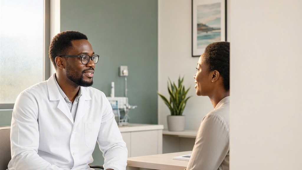 A Nigerian patient speaking with a doctor during a clinic consultation